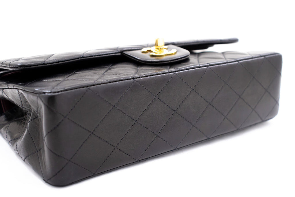 CHANEL Classic Double Flap 10" Chain Shoulder Bag Black Lambskin k71