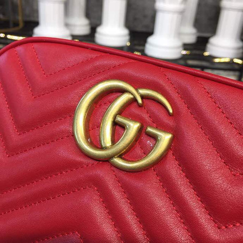 Gucci Marmont Small Matelassé Shoulder Bag Hibiscus Red Matelassé Chevron For Women 9.5in/24cm Gucci 447632 DTD1T 6433