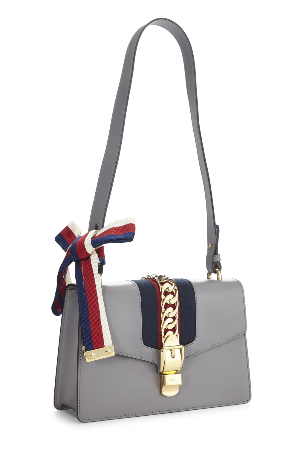 Gucci,  Grey Leather Web SyLouis Vuittonie Shoulder Bag Small, Grey