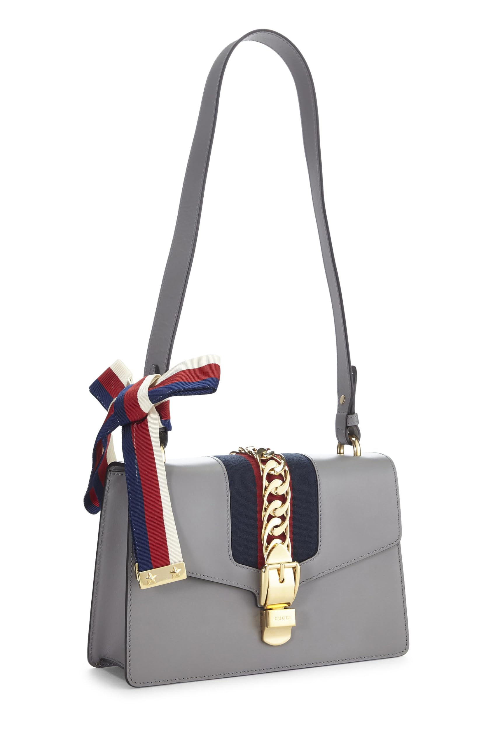 Gucci,  Grey Leather Web SyLouis Vuittonie Shoulder Bag Small, Grey