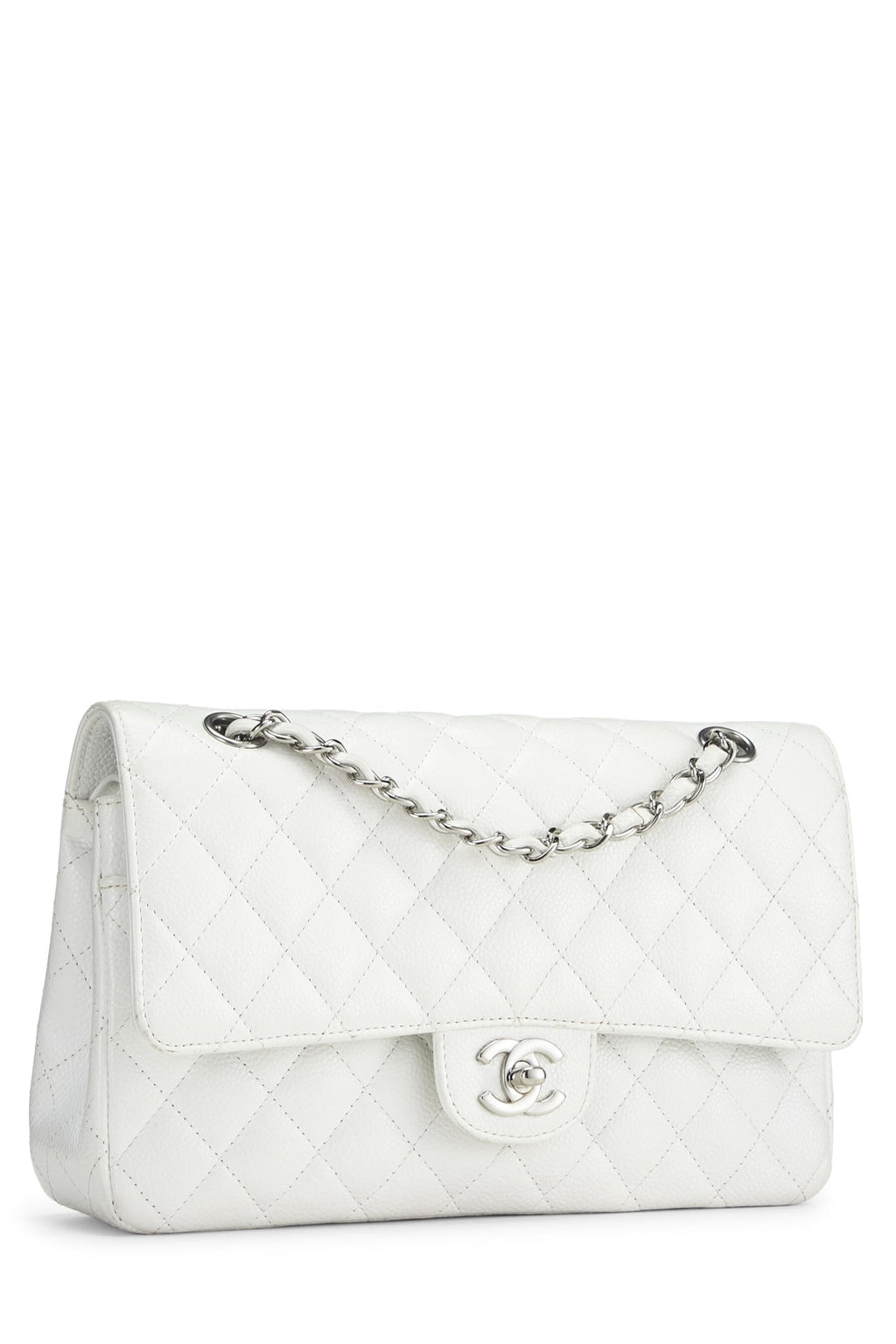 Chanel,  White Quilted Caviar Classic Double Flap Medium, White