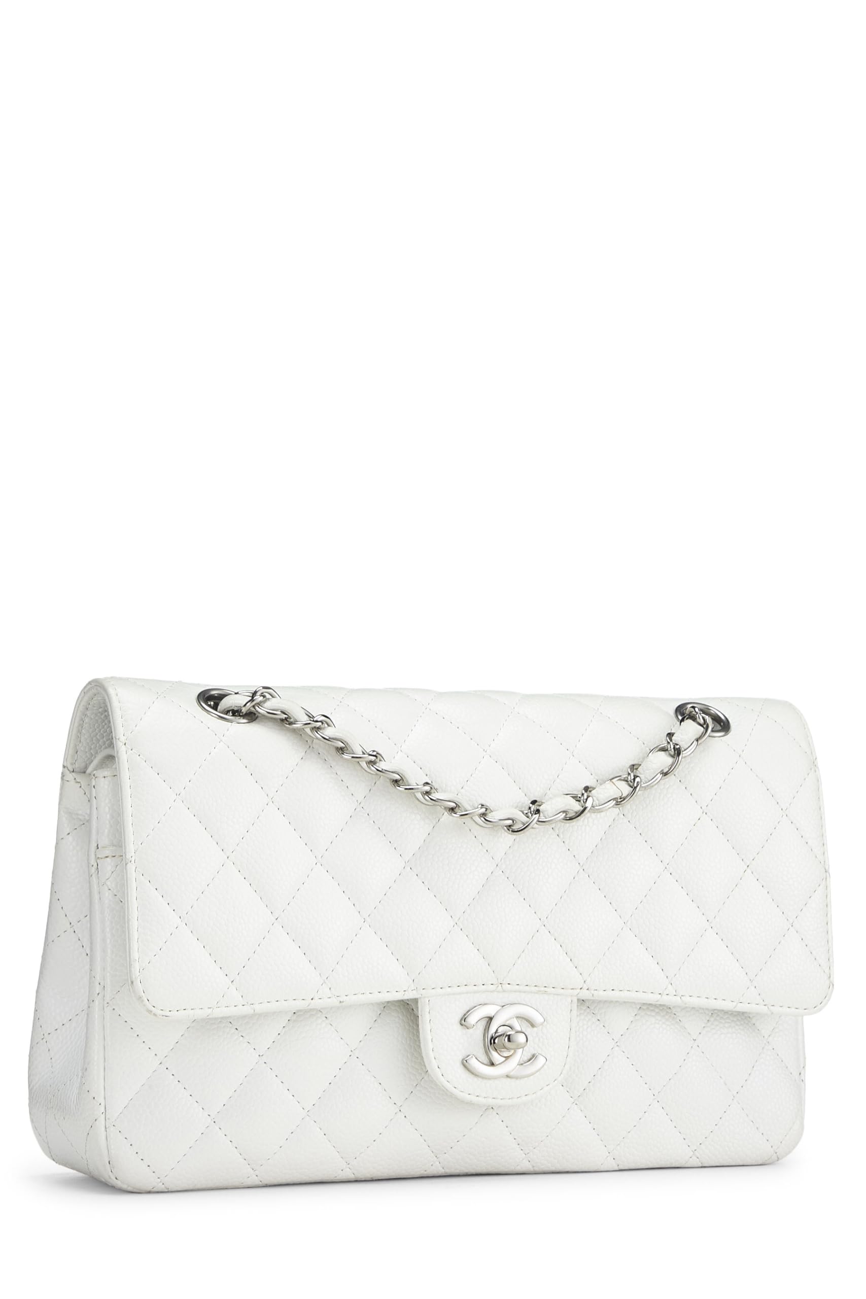 Chanel,  White Quilted Caviar Classic Double Flap Medium, White