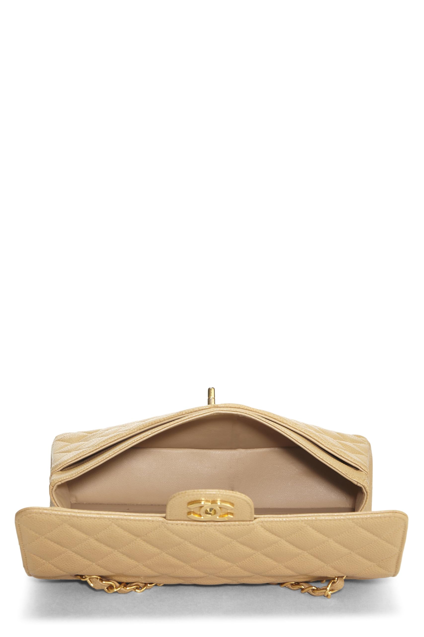 Chanel,  Beige Quilted Caviar Classic Double Flap Medium, Beige