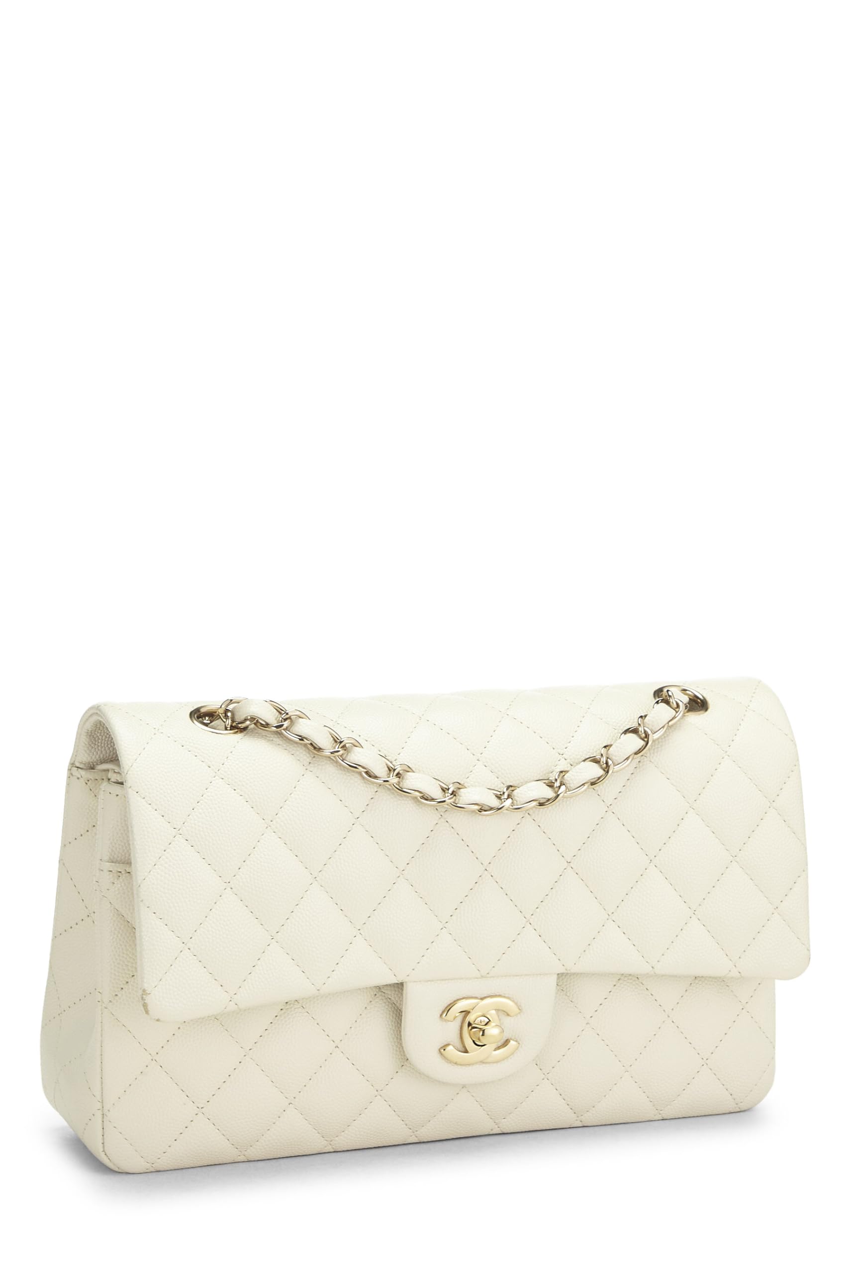 Chanel,  White Quilted Caviar Classic Double Flap Medium, White