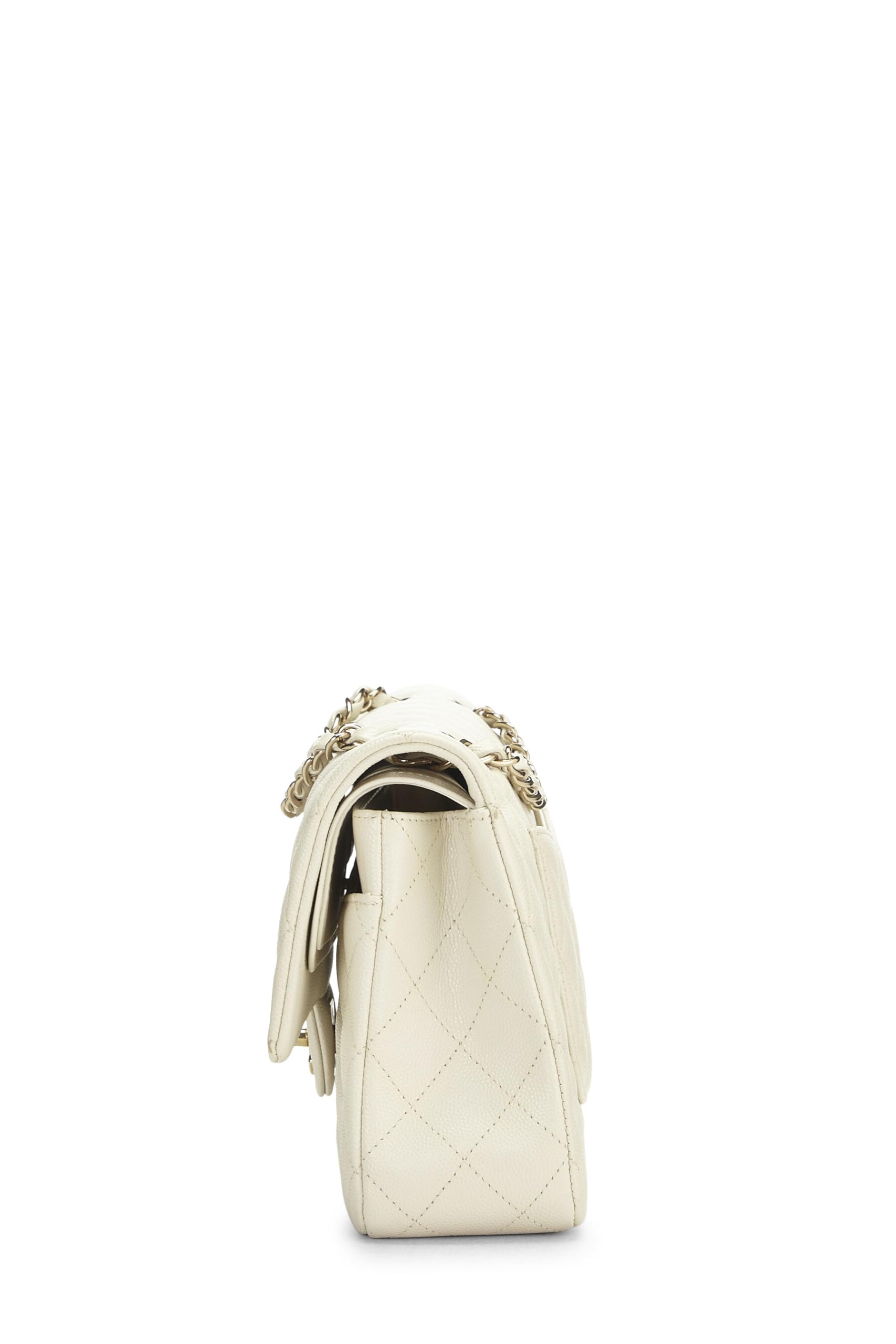 Chanel,  White Quilted Caviar Classic Double Flap Medium, White