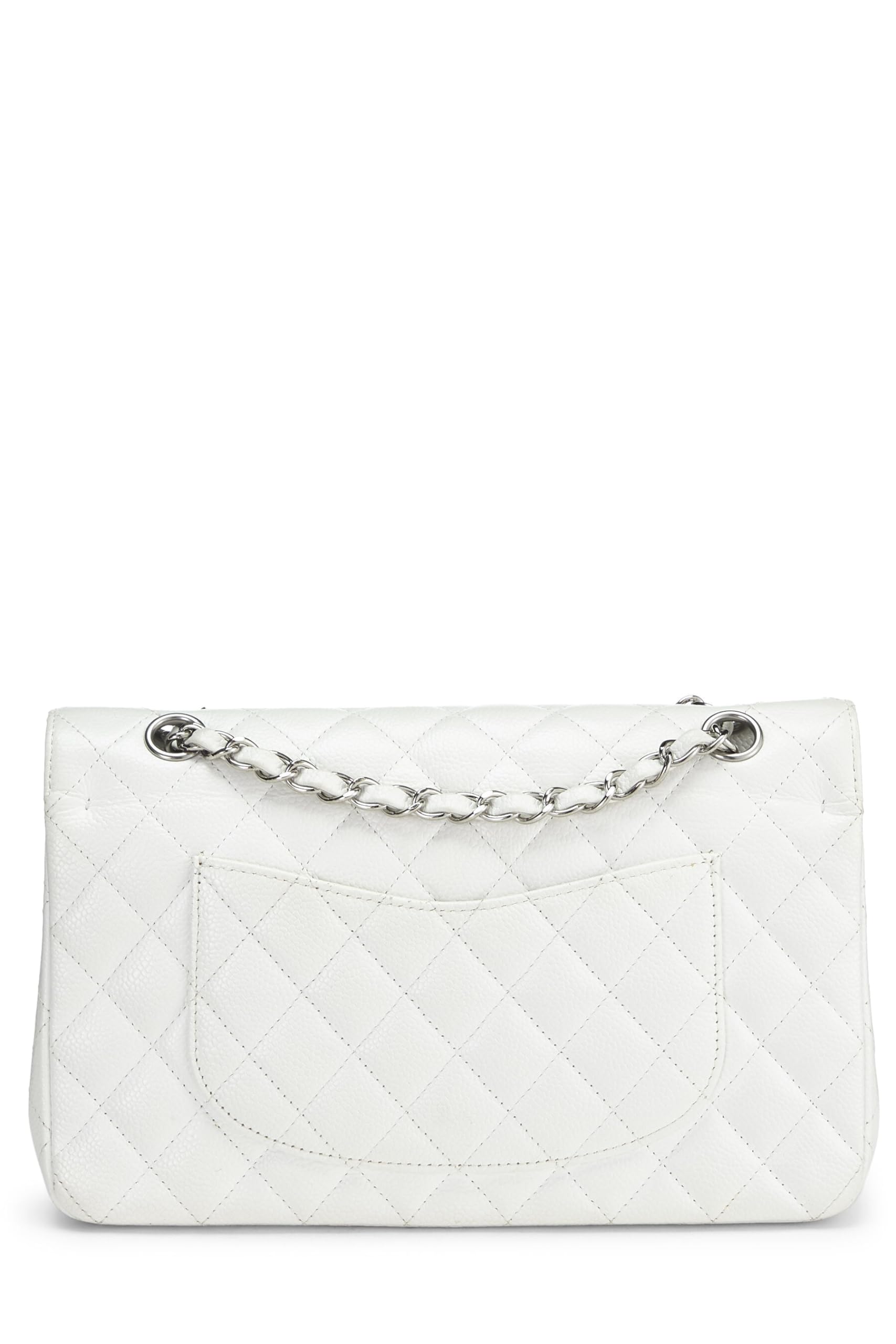 Chanel,  White Quilted Caviar Classic Double Flap Medium, White