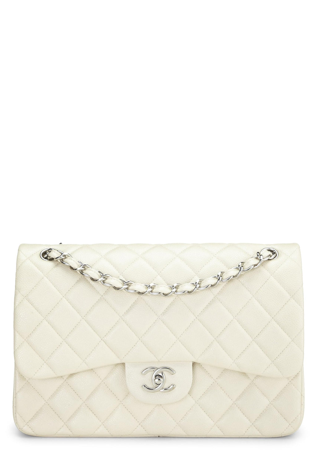 Chanel,  White Quilted Caviar New Classic Double Flap Jumbo, White