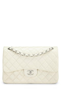 Chanel,  White Quilted Caviar New Classic Double Flap Jumbo, White