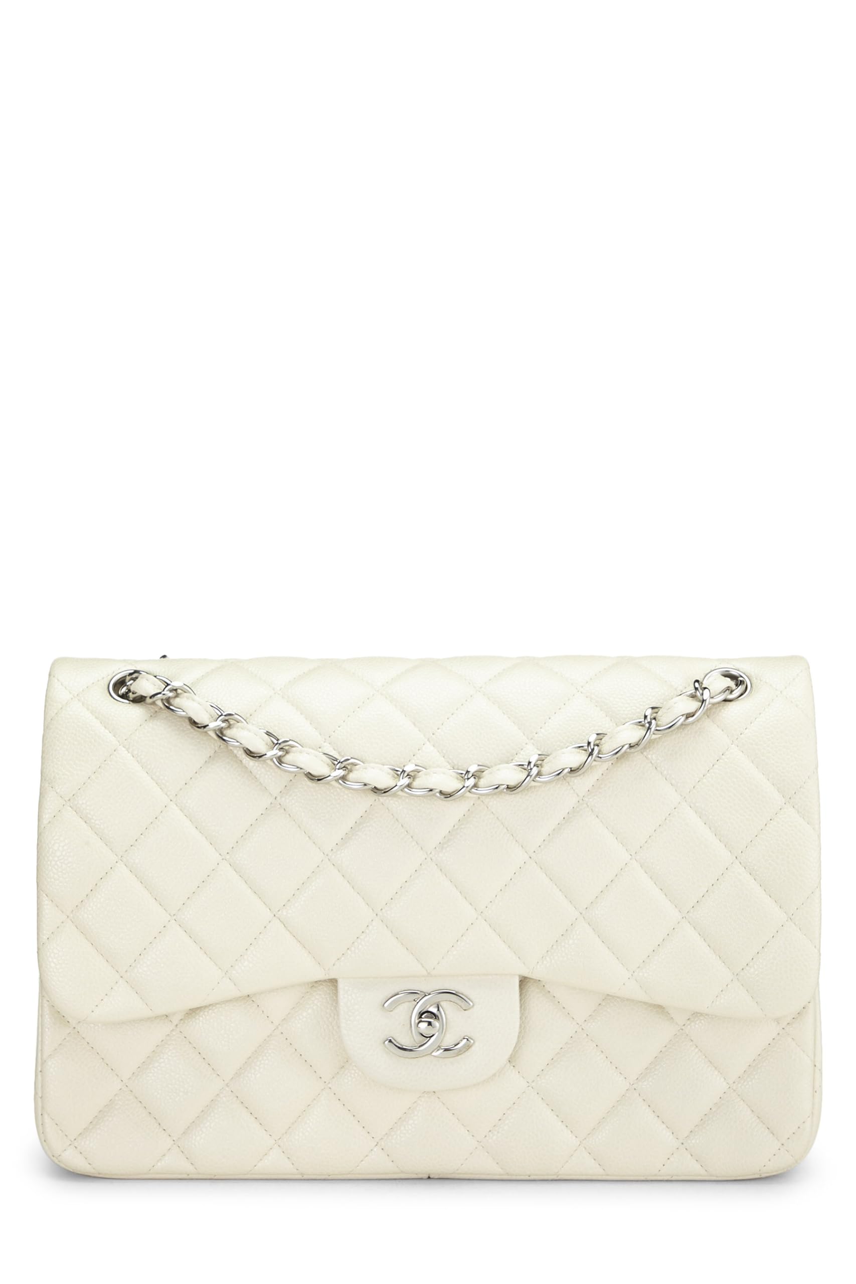 Chanel,  White Quilted Caviar New Classic Double Flap Jumbo, White