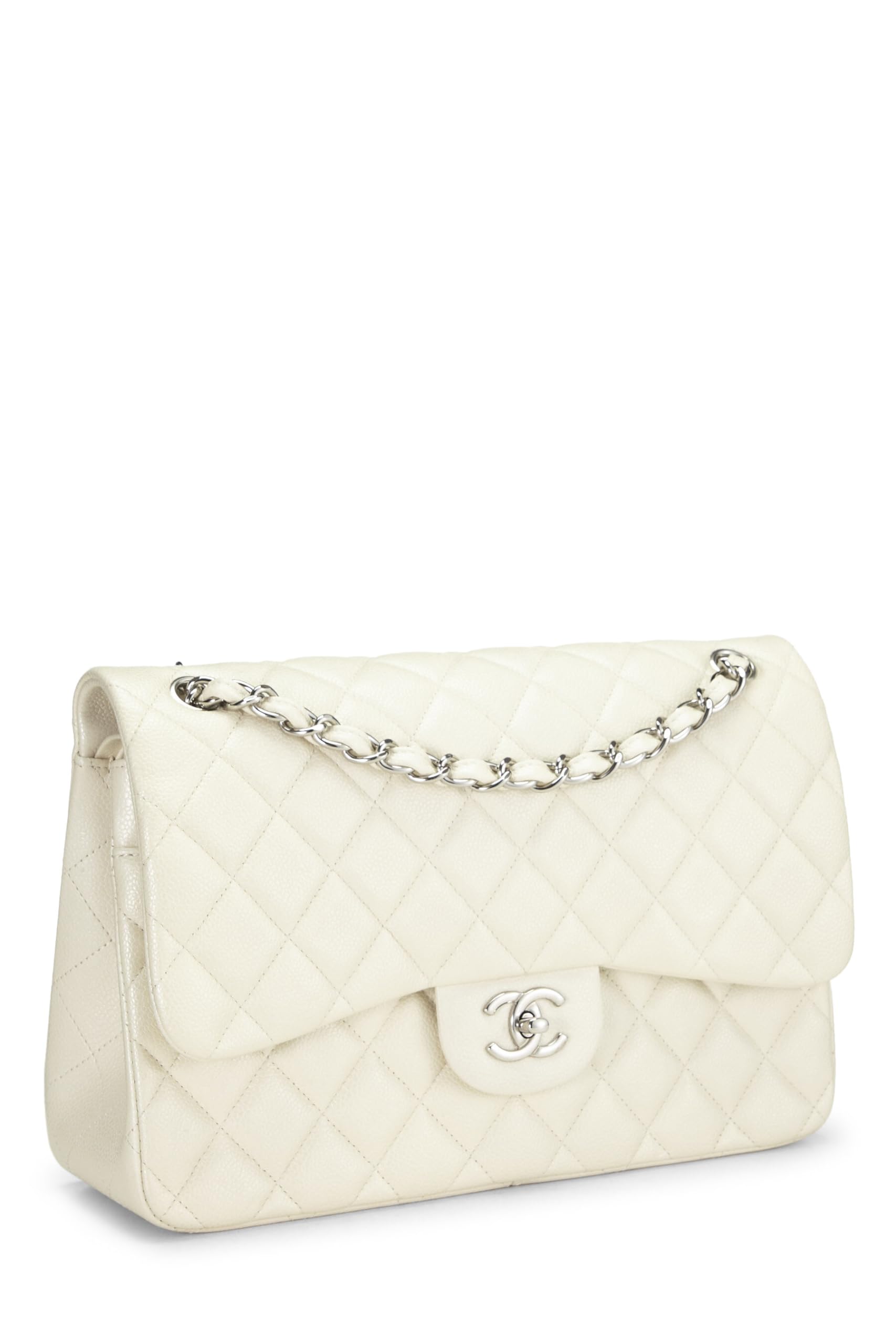 Chanel,  White Quilted Caviar New Classic Double Flap Jumbo, White