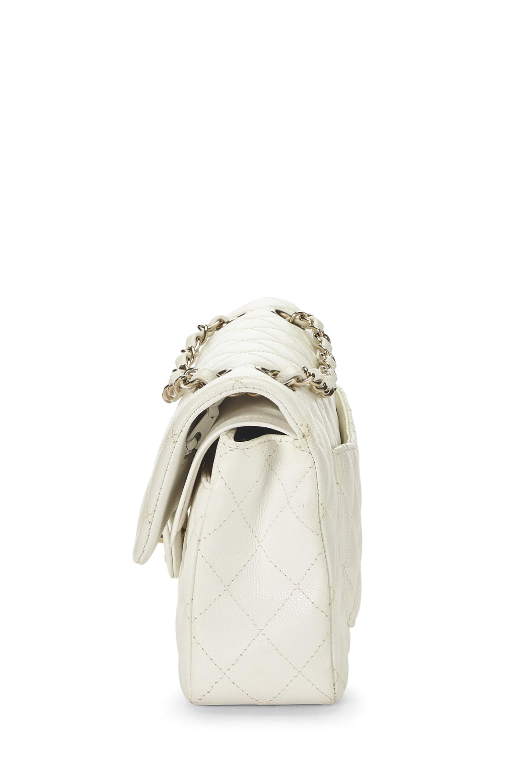 Chanel,  White Quilted Caviar Classic Double Flap Small, White