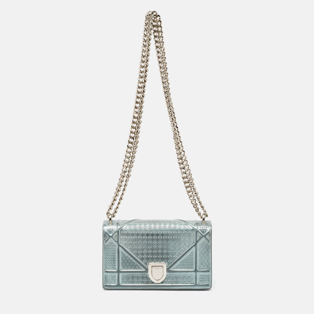 Dior Light Blue Microcannage  Leather Mini Diorama Chain Shoulder Bag..