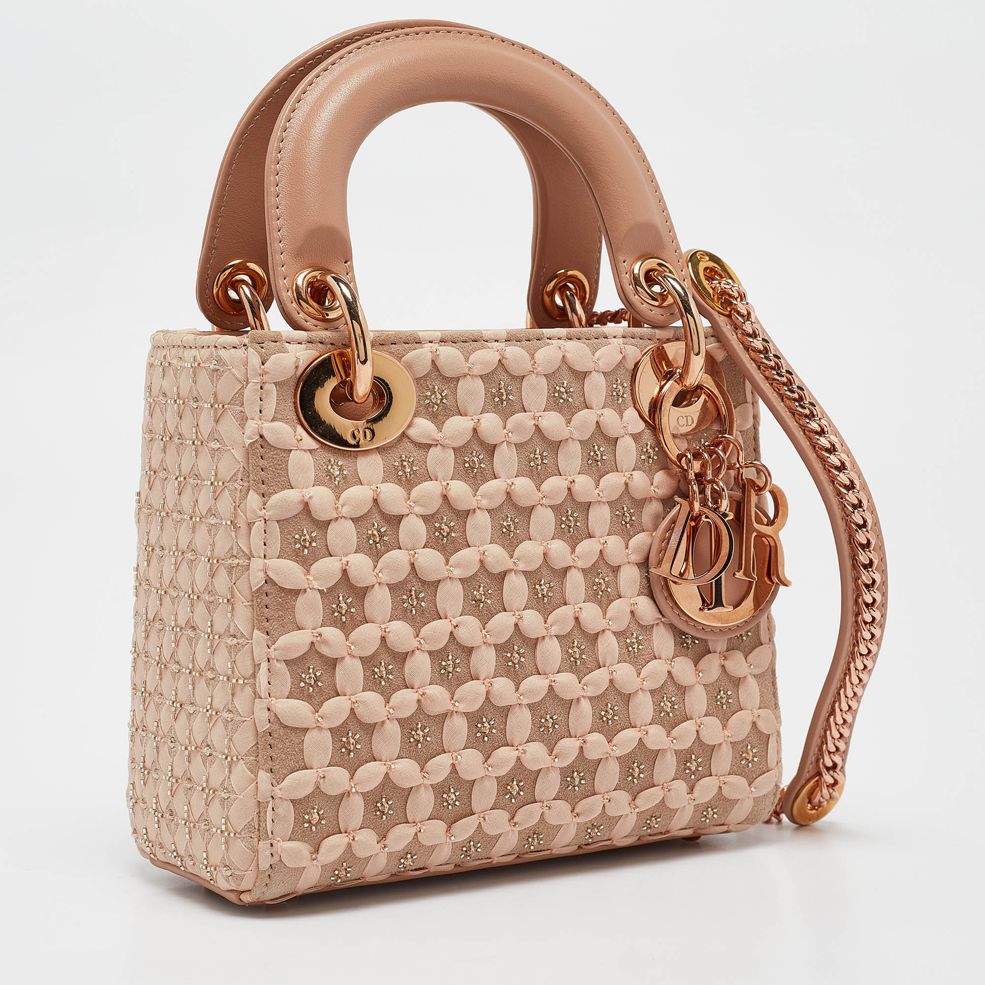 Dior Peach Leather And Suede Mini Beaded Ribbon Lady Dior Tote