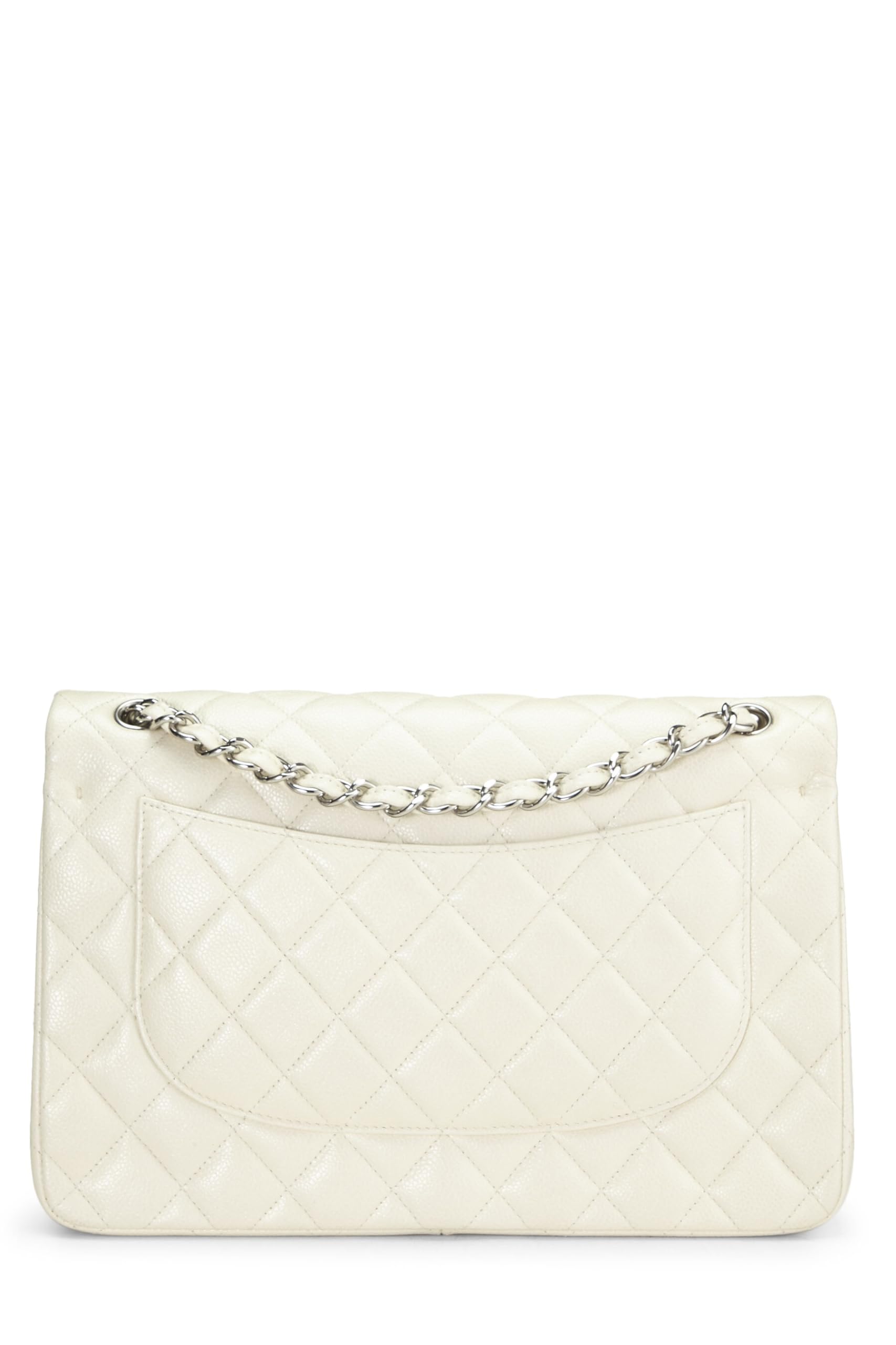Chanel,  White Quilted Caviar New Classic Double Flap Jumbo, White