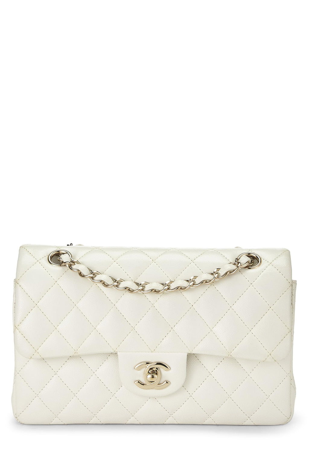 Chanel,  White Quilted Caviar Classic Double Flap Small, White