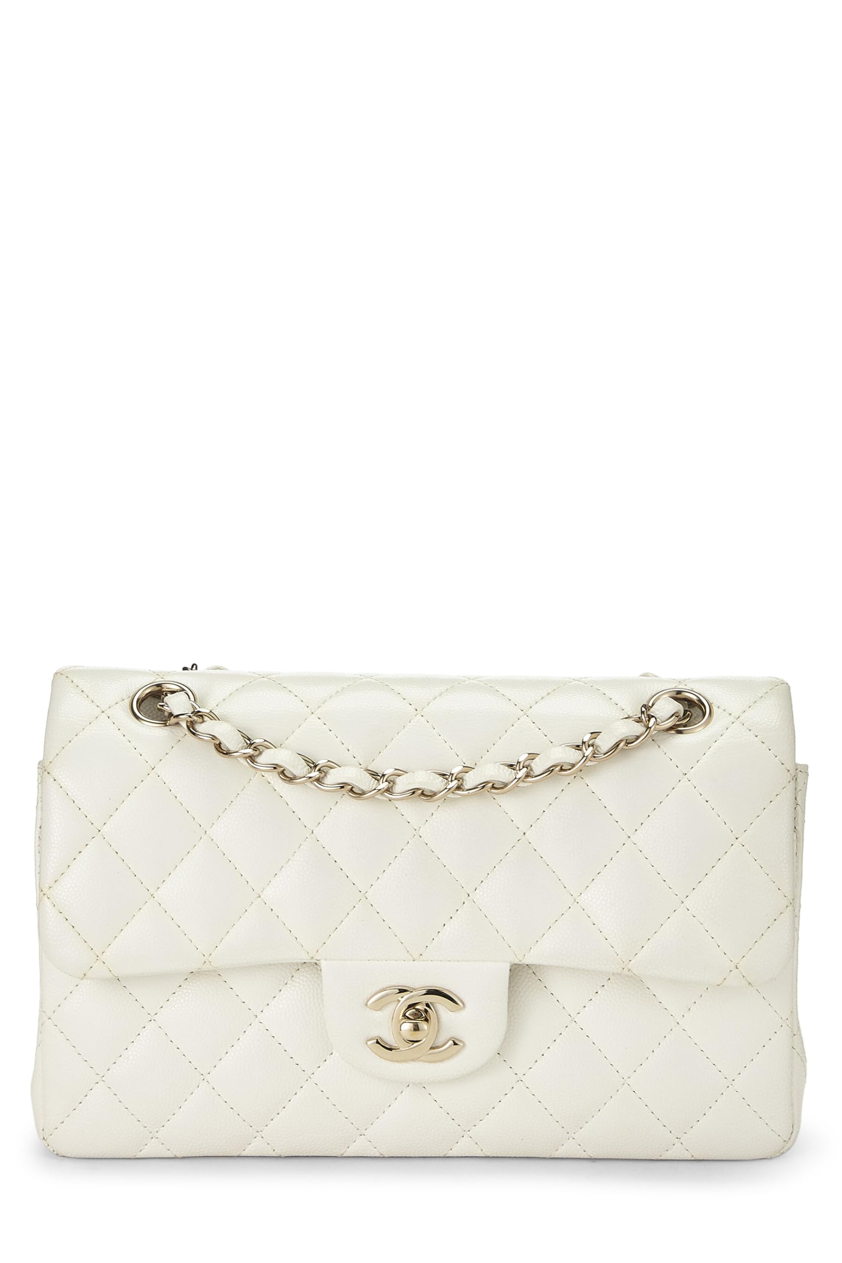 Chanel,  White Quilted Caviar Classic Double Flap Small, White