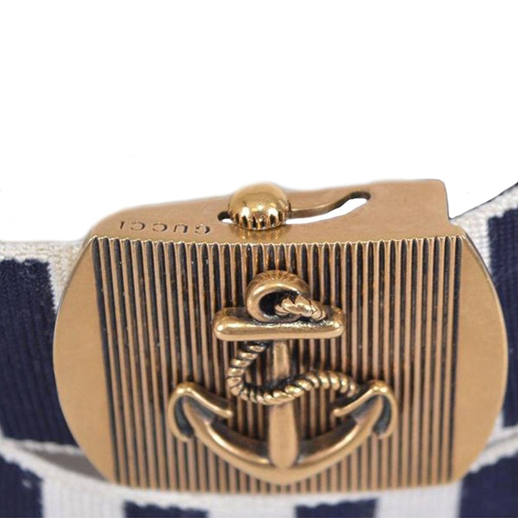 Gucci Men's Navy / White Fabric Brass Anchor Buckle Striped Belt (90 / 36)