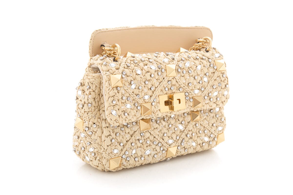 Valentino Medium Roman Stud Raffia Shoulder Bag
