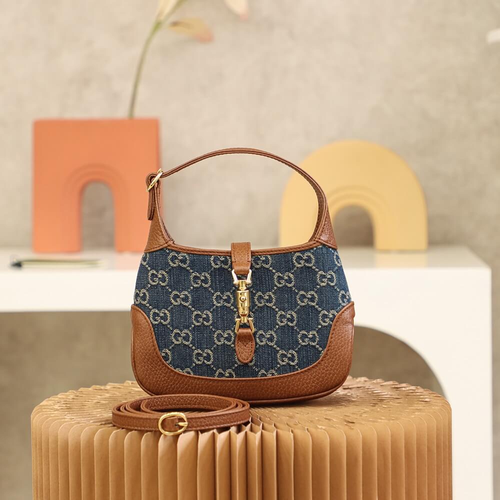 Gucci 637092 subaxillary bag Leather brown blue canvas