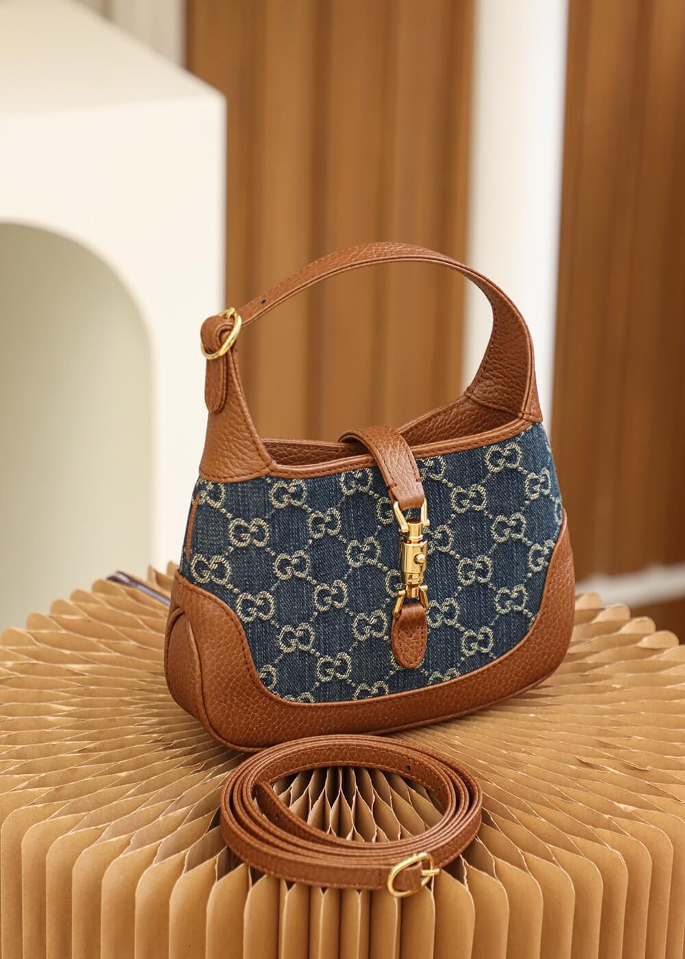 Gucci 637092 subaxillary bag Leather brown blue canvas