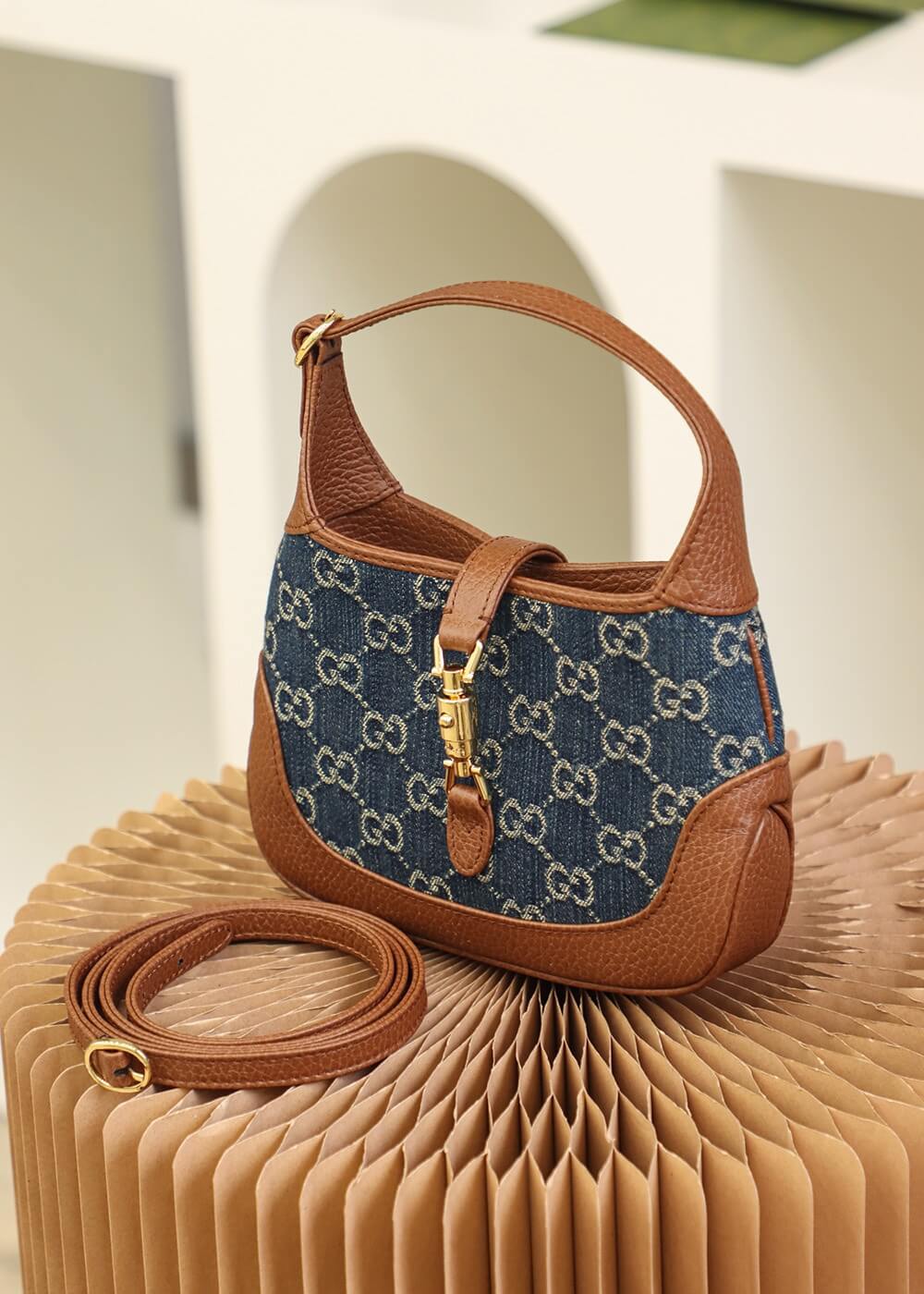 Gucci 637092 subaxillary bag Leather brown blue canvas