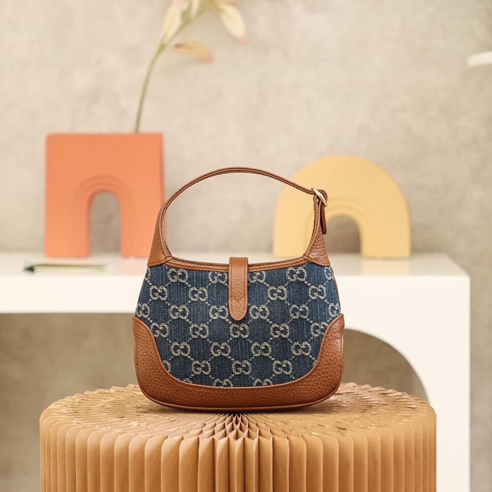 Gucci 637092 subaxillary bag Leather brown blue canvas