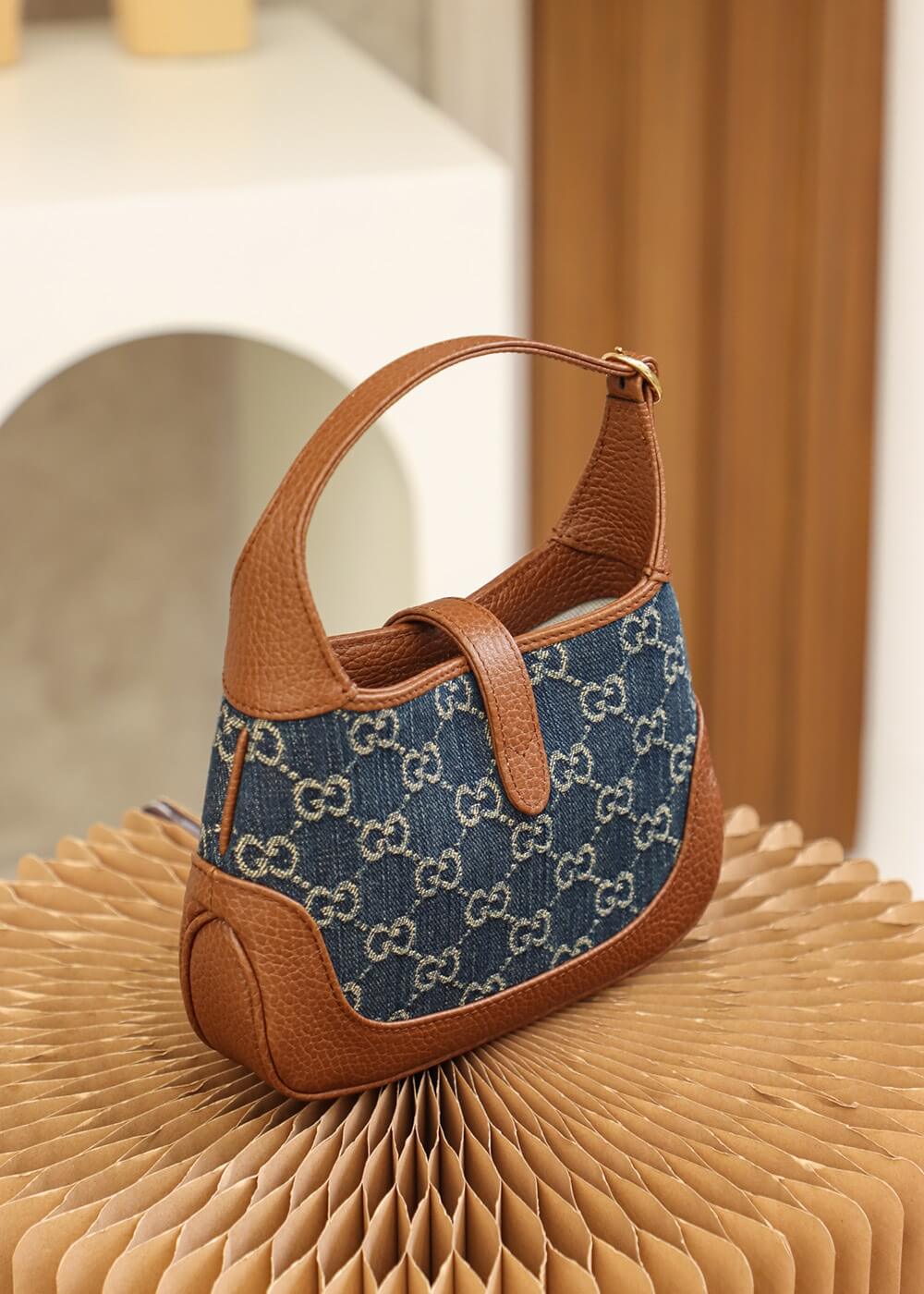 Gucci 637092 subaxillary bag Leather brown blue canvas