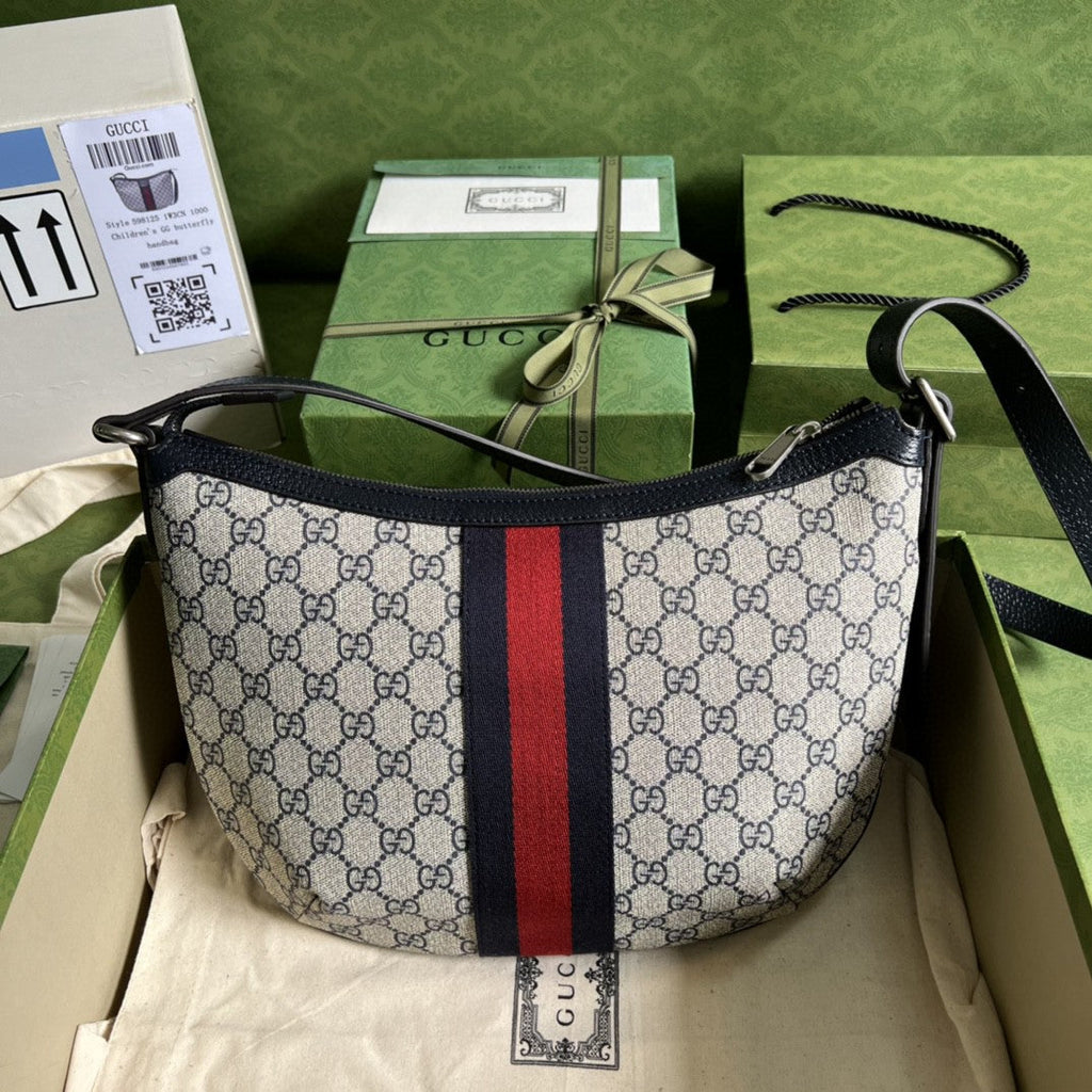 OphiGLAMIa Small Shoulder Bag Beige And Blue Supreme Canvas For Women 12in/30cm 598125 2ZGMN 4076