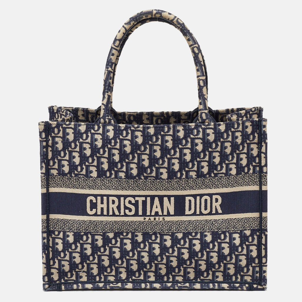 Dior Navy Blue Oblique Embroidered Canvas Medium Book Tote