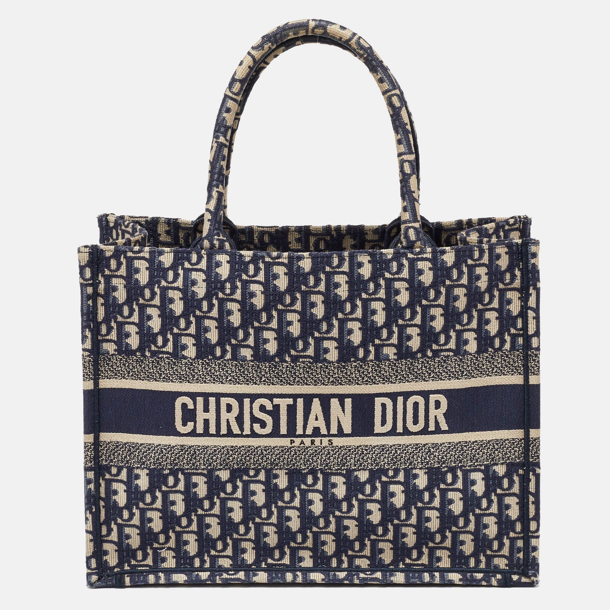 Dior Navy Blue Oblique Embroidered Canvas Medium Book Tote