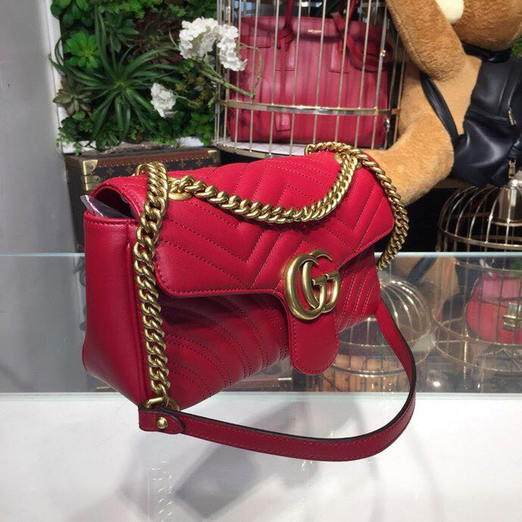 Marmont Small MatelassÃƒÂ© Shoulder Bag Hibiscus Red MatelassÃƒÂ© Chevron For Women 10in/26cm 443497 DRW3T 6433