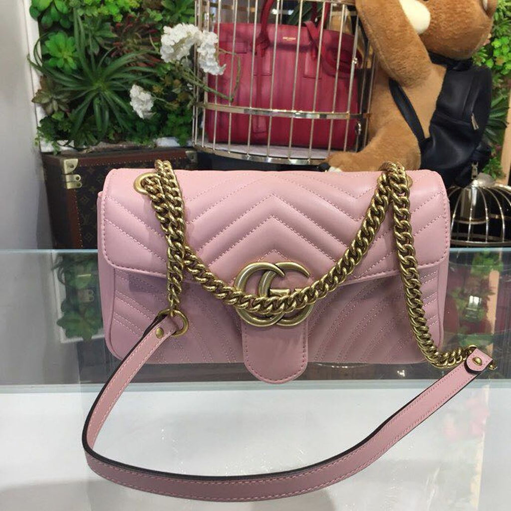 Gucci Marmont Small Matelassé Shoulder Bag Dusty Pink Matelassé Chevron For Women 10in/26cm Gucci 443497 DTDiorT 5729
