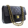 CHANEL Classic Double Flap 10" Chain Shoulder Bag Black Lambskin k77