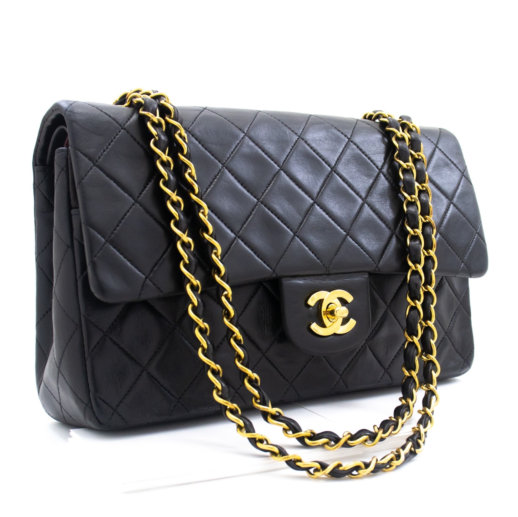 CHANEL Classic Double Flap 10" Chain Shoulder Bag Black Lambskin k77