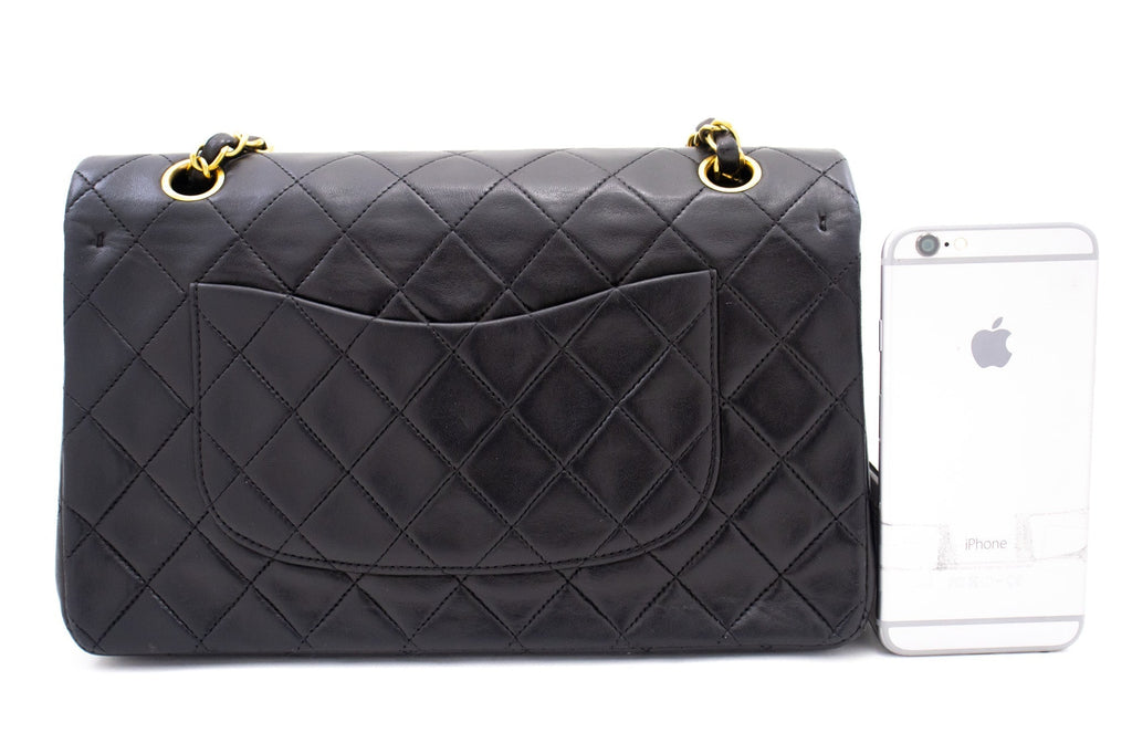 CHANEL Classic Double Flap 10" Chain Shoulder Bag Black Lambskin k77