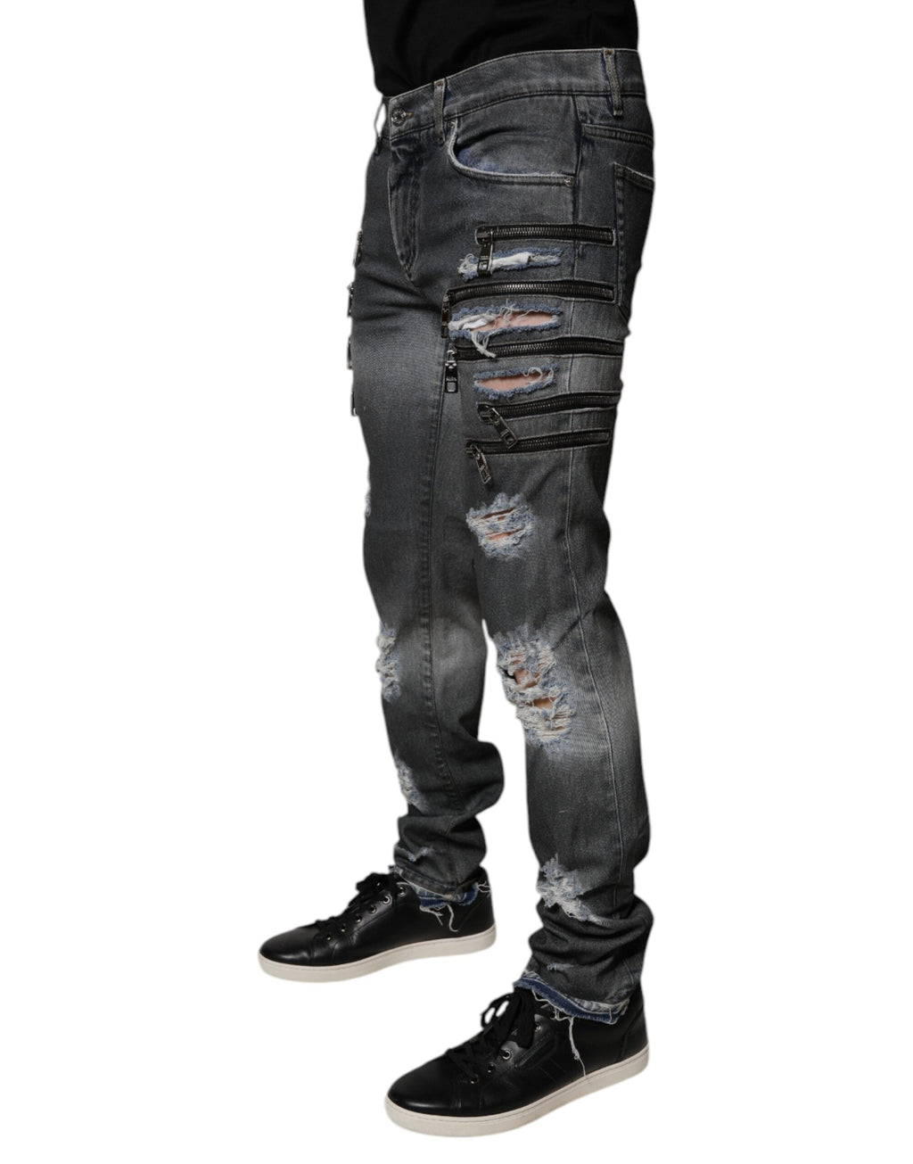 Dolce & Gabbana Dark Gray Tattered Cotton Skinny Denim Jeans