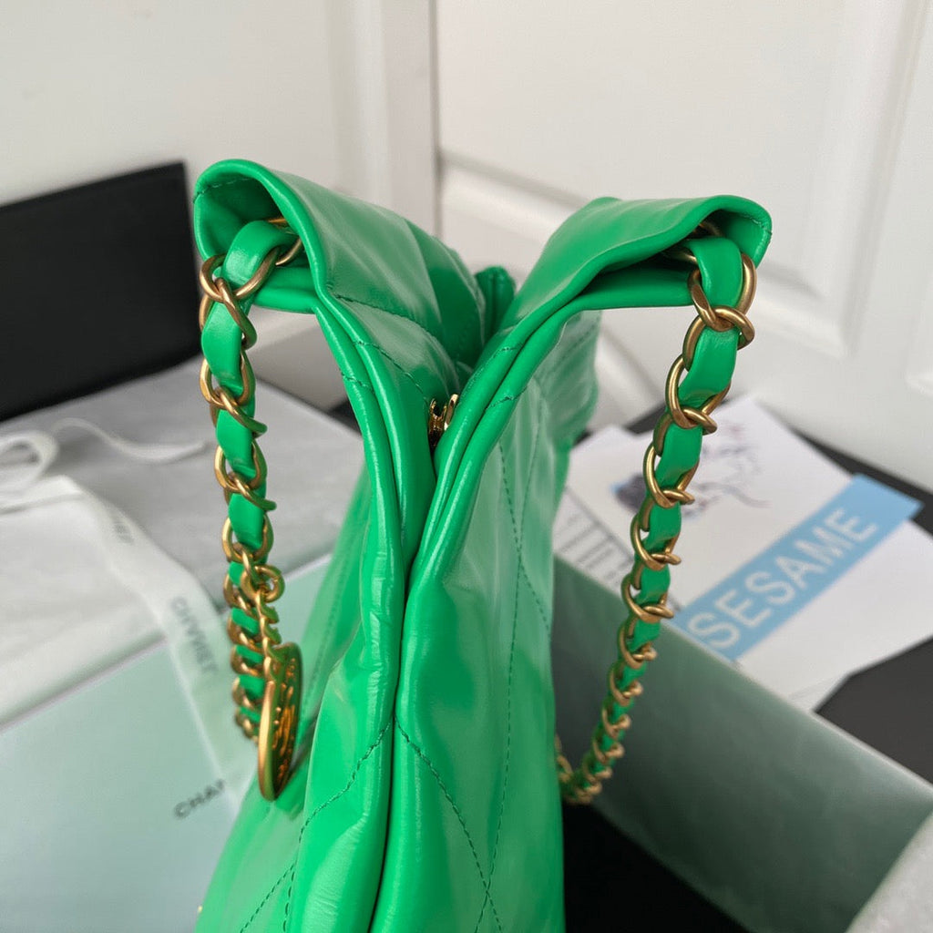 Chanel 22 Handbag Gold Hardware Shiny Green For Women Handbags, Shoulder Bags 16.5in/38cm AS3261