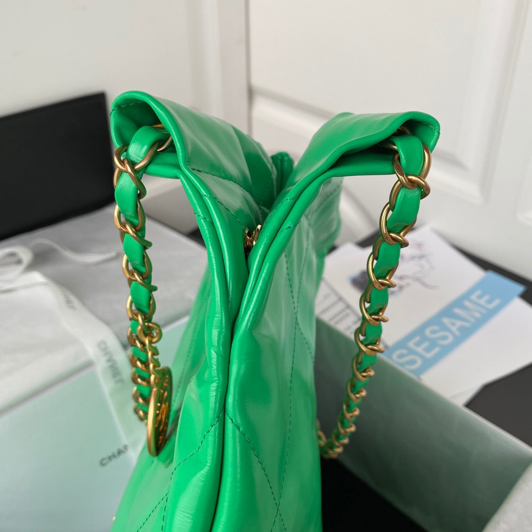 Chanel 22 Handbag Gold Hardware Shiny Green For Women Handbags, Shoulder Bags 16.5in/38cm AS3261