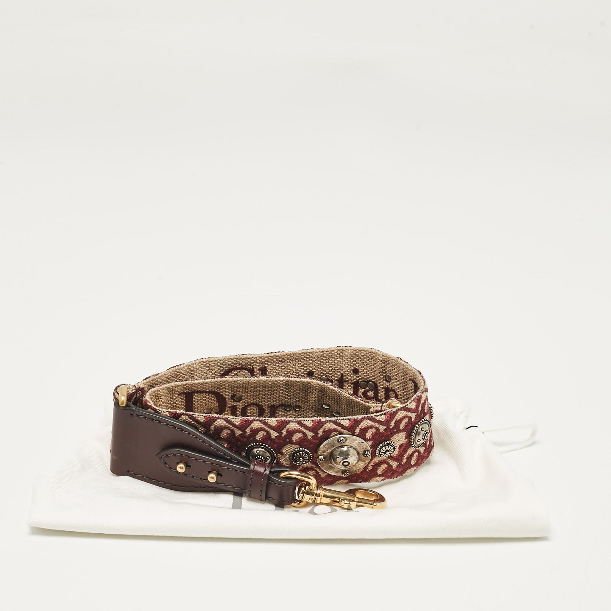 Dior Burgundy/beige Oblique Canvas And Leather Studded Shoulder Bag Strap