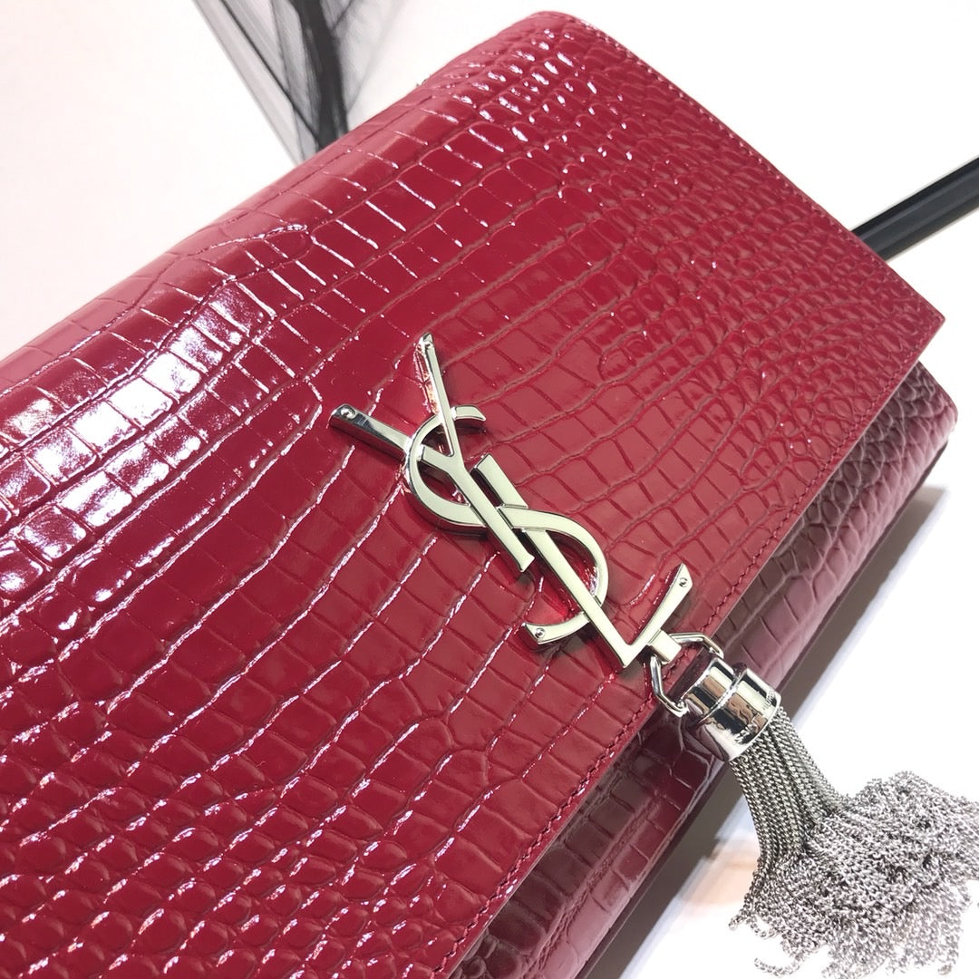 Top Quality Kate MeTop Qualityum Chain Bag With Tassel In Embossed CrocoTop Qualityle Burgundy For Women 9.4in/24cm YSL