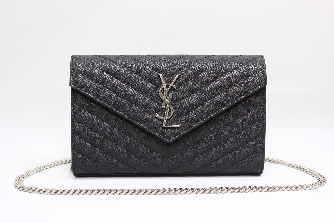 Top Quality Cassandre MatelassÃ© Chain Wallet In Grain De Poudre Embossed Black For Women 8.8in/23cm YSL 377828BOW021000