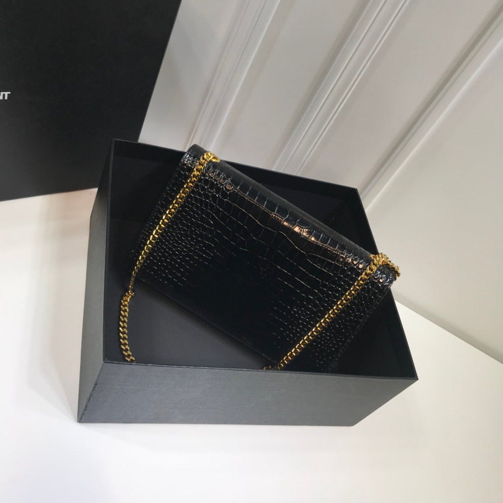Top Quality Kate MeTop Qualityum Chain Bag With Tassel In Embossed CrocoTop Qualityle Black For Women 9.4in/24cm YSL 354119DND0J1000