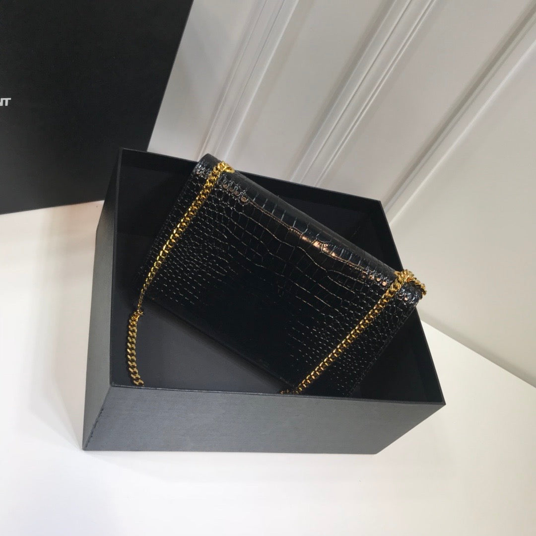 Top Quality Kate MeTop Qualityum Chain Bag With Tassel In Embossed CrocoTop Qualityle Black For Women 9.4in/24cm YSL 354119DND0J1000