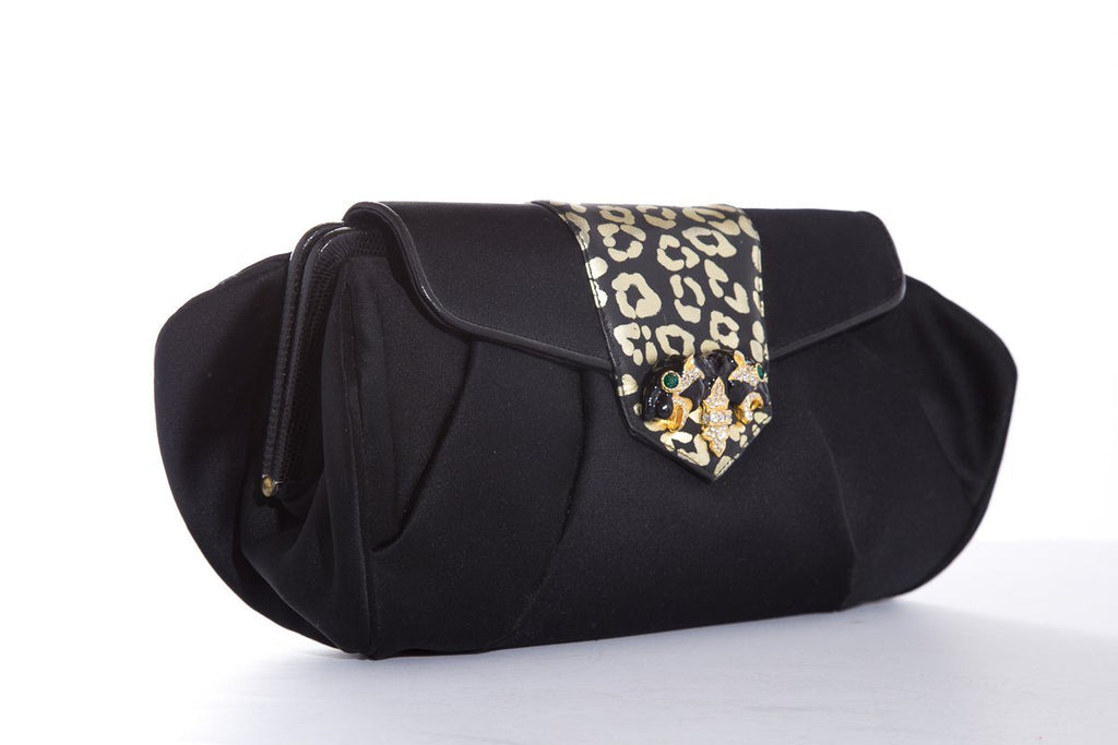 Sharif Black Satin Leopard Rhinestone Evening Clutch