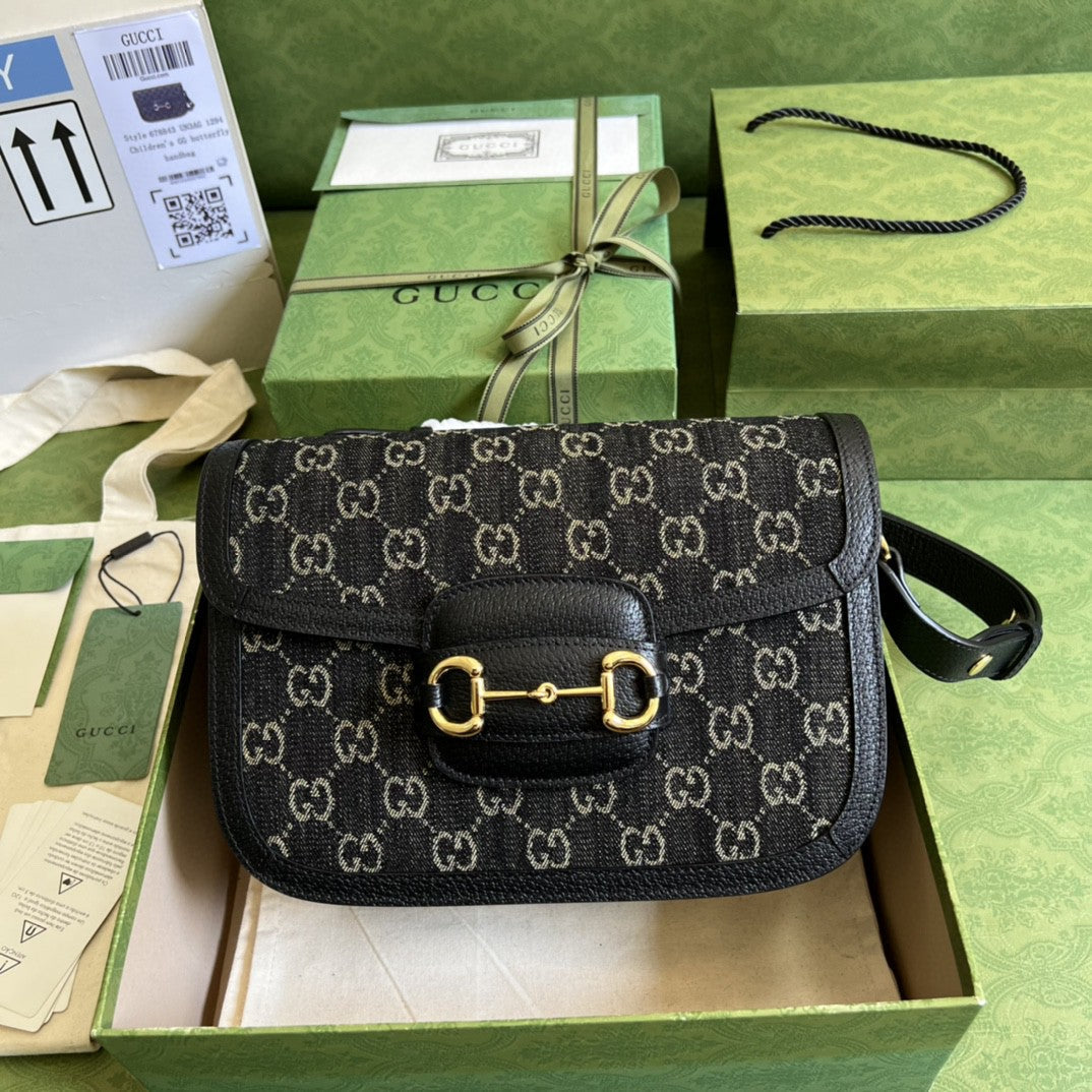 Horsebit 1955 Shoulder Bag Black And Ivory Denim Jacquard For Women 9.8in/25cm 602204 UN3BG 1274
