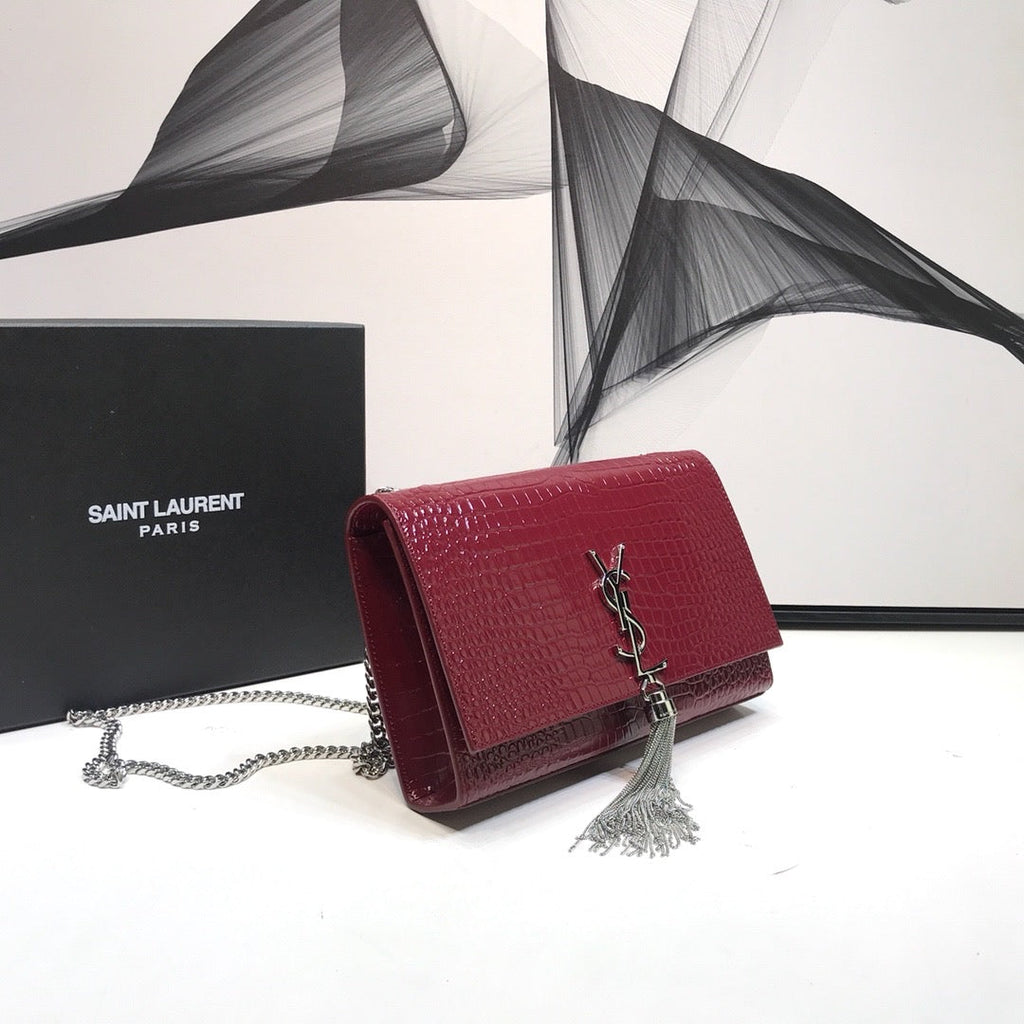 Top Quality Kate MeTop Qualityum Chain Bag With Tassel In Embossed CrocoTop Qualityle Burgundy For Women 9.4in/24cm YSL