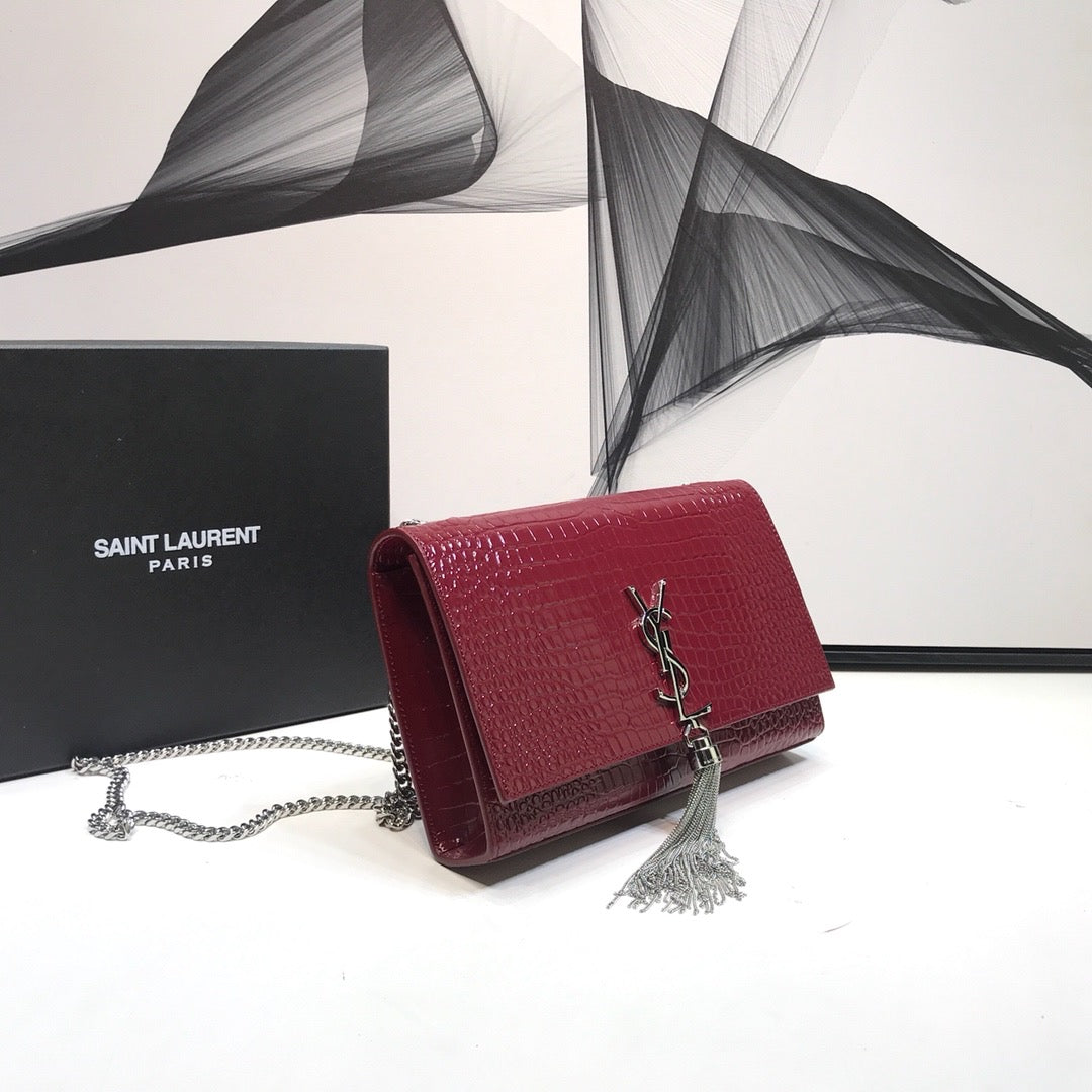 Top Quality Kate MeTop Qualityum Chain Bag With Tassel In Embossed CrocoTop Qualityle Burgundy For Women 9.4in/24cm YSL