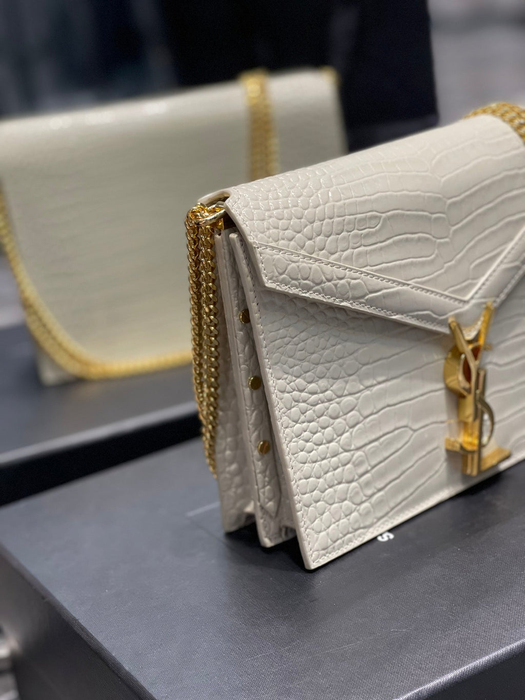 YSSL Cassandra Medium Chain Bag White In Grain De Poudre Embossed For Women 8in/22cm YSL
