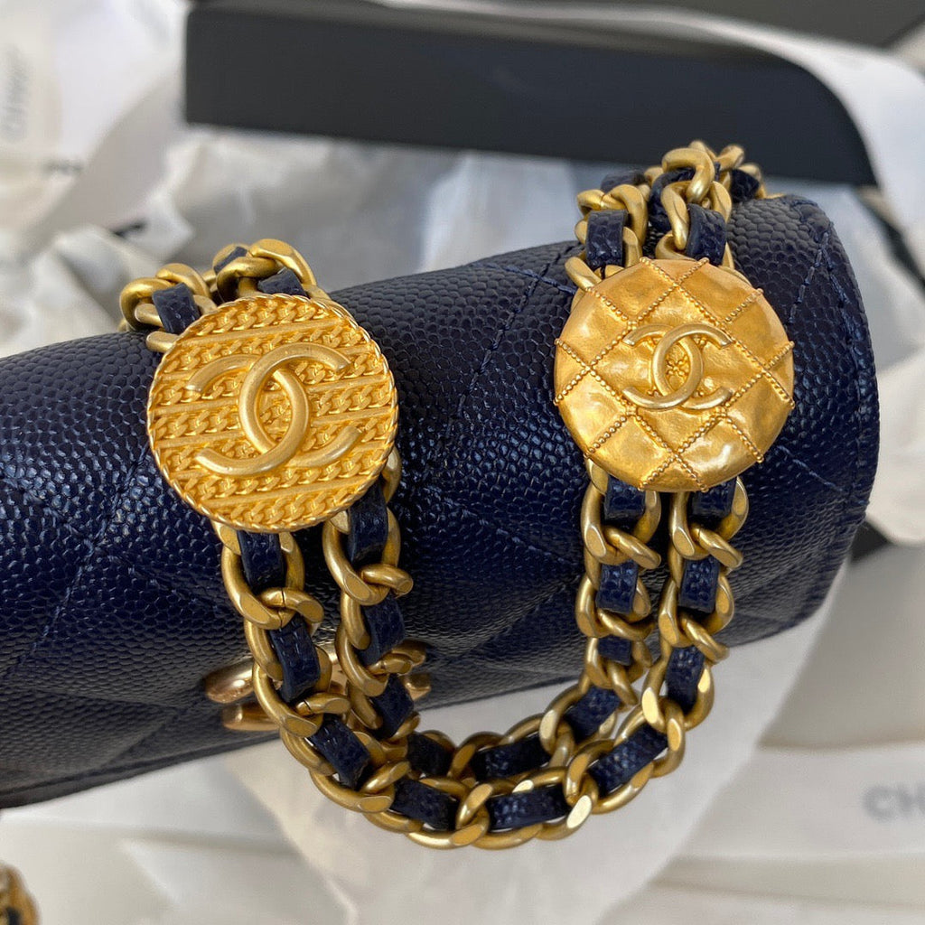 Chanel Clutch With Chain Gold Hardware Grained Shinny Navy Blue For Women Handbags, Shoulder Bags 4.7in/12cm AP2857