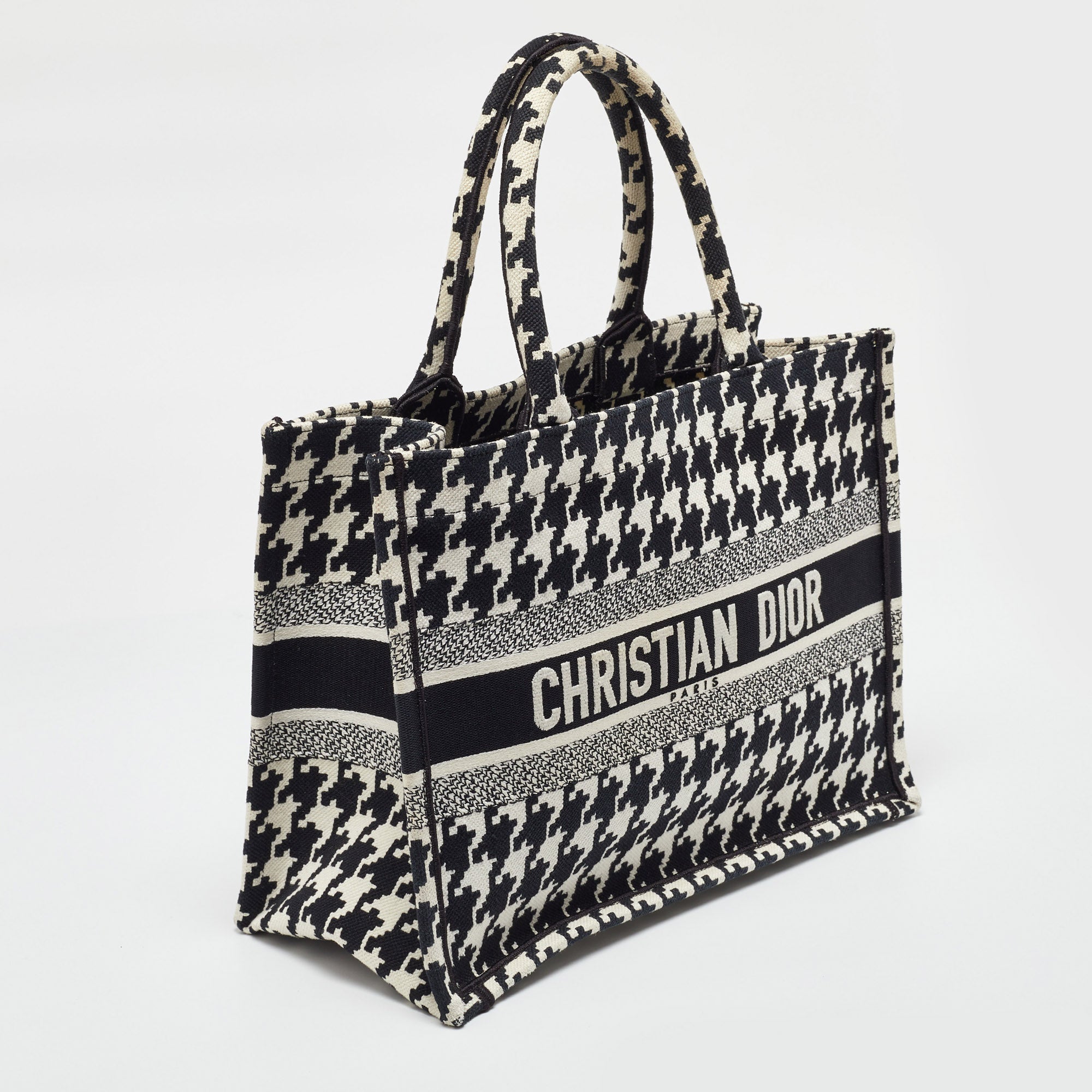 Dior Black/white Embroidered Macro Houndstooth Canvas Medium Book Tote